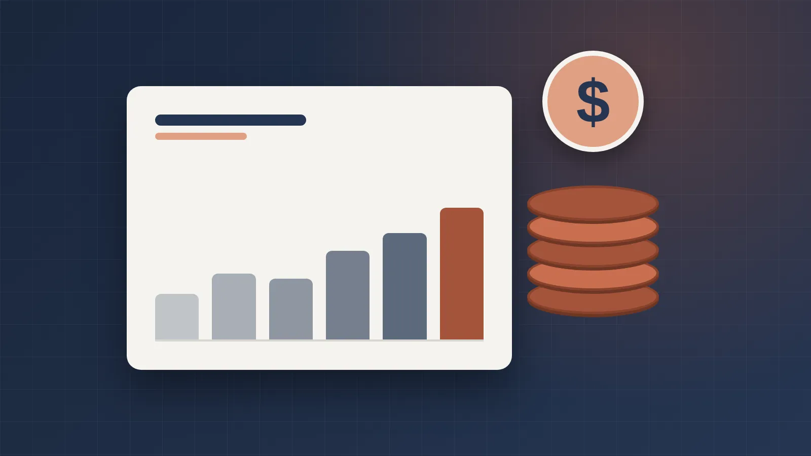 Illustration of a rising bar chart beside a stack of coins