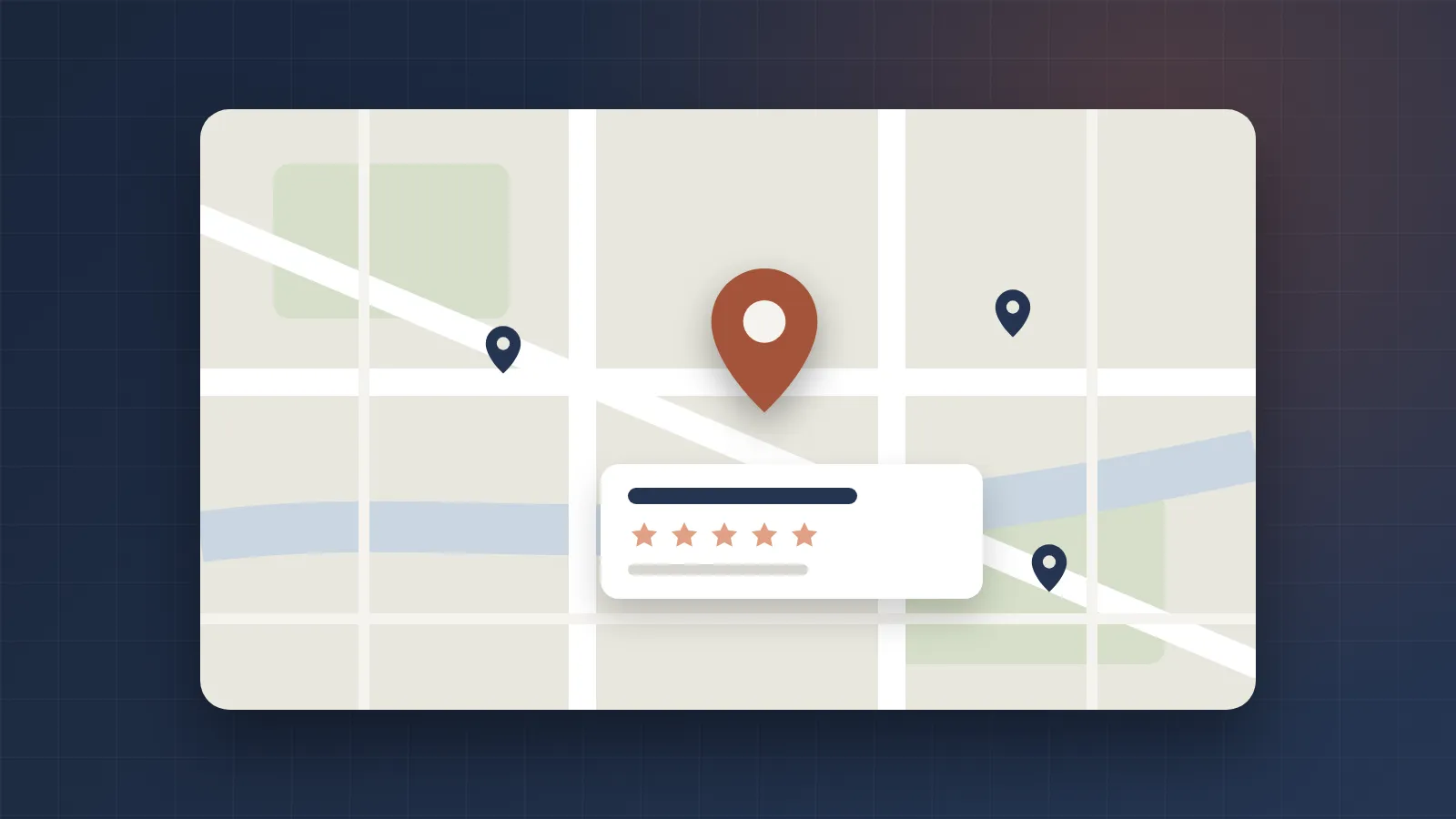Illustration of a map with a highlighted business pin and five-star rating